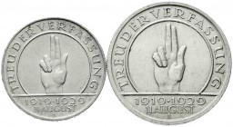 Weimarer Republik, Gedenkmünzen, 5 Reichsmark Schwurhand
2 Stück: 3 Reichsmark 1929 D und 5 Reichsmark 1929 E. vorzüglich und sehr schön/vorzüglich...