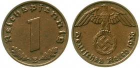 Drittes Reich, Klein/- und Kursmünzen, 1 Reichspfennig Hakenkreuz, Kupfer 1936-1940
1936 E. sehr schön/vorzüglich