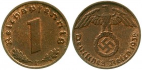 Drittes Reich, Klein/- und Kursmünzen, 1 Reichspfennig Hakenkreuz, Kupfer 1936-1940
1936 F. vorzüglich