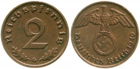 Drittes Reich, Klein/- und Kursmünzen, 2 Reichspfennig Hakenkreuz 1936-1940
1940 G. vorzüglich