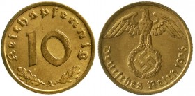 Drittes Reich, Klein/- und Kursmünzen, 10 Reichspfennig Hakenkr., messingf. 1936-1939
1936 A. gutes vorzüglich