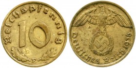 Drittes Reich, Klein/- und Kursmünzen, 10 Reichspfennig Hakenkr., messingf. 1936-1939
1936 E. sehr schön, etwas fleckig, selten