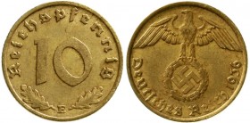 Drittes Reich, Klein/- und Kursmünzen, 10 Reichspfennig Hakenkr., messingf. 1936-1939
1936 E. sehr schön, selten
