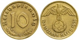Drittes Reich, Klein/- und Kursmünzen, 10 Reichspfennig Hakenkr., messingf. 1936-1939
1936 G. vorzüglich, selten