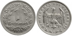 Drittes Reich, Klein/- und Kursmünzen, 1 Reichsmark, Nickel 1933-1939
1939 F. vorzüglich/Stempelglanz, winz. Randfehler