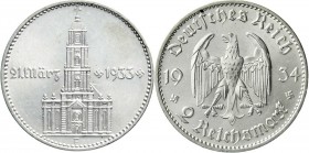 Drittes Reich, Gedenkmünzen, 2 Reichsmark Garnisonskirche mit Datum 1934
1934 F. prägefrisch, selten in dieser Erhaltung