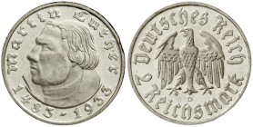 Drittes Reich, Gedenkmünzen, 2 Reichsmark Luther, 1933-1934
1933 D. Polierte Platte, leicht berührt und kl. Randfehler
