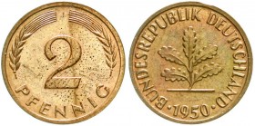 Münzen der Bundesrepublik Deutschland, Kursmünzen, 2 Pfennig, Kupfer 1950-1969
1950 J. Auflage nur 250 Ex. 
Polierte Platte, kl. Randfehler, selten...