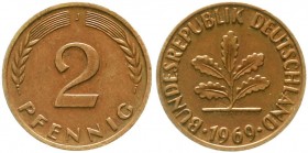 Münzen der Bundesrepublik Deutschland, Kursmünzen, 2 Pfennig, Kupfer 1950-1969
1969 J. Nicht eisenplattiert (unmagnetisch). Mit Gutachten Meyer. 
se...