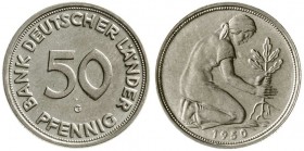 Münzen der Bundesrepublik Deutschland, Kursmünzen, 50 Pfennig, Kupfer/Nickel 1949-2001
1950 G. Bank Deutscher Länder. 
vorzüglich/Stempelglanz