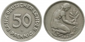 Münzen der Bundesrepublik Deutschland, Kursmünzen, 50 Pfennig, Kupfer/Nickel 1949-2001
1950 G. Bank Deutscher Länder. 
sehr schön