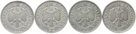 Münzen der Bundesrepublik Deutschland, Kursmünzen, 2 Deutsche Mark Ähren, Kupfer/Nickel 1951
Komplettsatz 1951 D,F,G,J. vorzüglich bis vorzüglich/Ste...