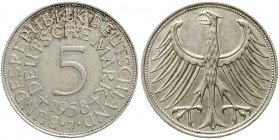 Münzen der Bundesrepublik Deutschland, Kursmünzen, 5 Deutsche Mark Silber 1951-1974
1958 J. Mit Gutachten Paproth. 
gutes sehr schön, winz. Randfehl...