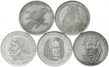 Münzen der Bundesrepublik Deutschland, Gedenkmünzen, 5 Deutsche Mark, Silber, 1952-1979
5 Gedenkmünzen aus 1952 bis 1967. Germanisches Museum, Markgr...