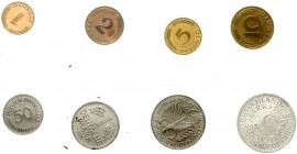 Münzen der Bundesrepublik Deutschland, Kursmünzensätze, 1 Pfennig - 5 Deutsche Mark, 1964-2001
1965 F, o.B.H., aber Folie bei der 1 Mark beschädigt u...