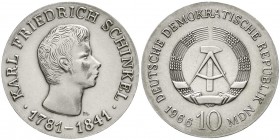 Gedenkmünzen der DDR
10 Mark 1966, Schinkel. Randschrift läuft rechts herum. 
vorzüglich/Stempelglanz