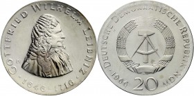 Gedenkmünzen der DDR
20 Mark 1966, Leibniz. Randschrift läuft rechts herum. 
Stempelglanz