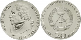 Gedenkmünzen der DDR
20 Mark 1967, Humboldt. Randschrift läuft rechts herum. 
vorzüglich/Stempelglanz, zaponiert