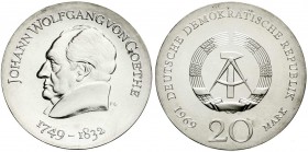 Gedenkmünzen der DDR
20 Mark 1969, Goethe. Randschrift läuft links herum. 
prägefrisch