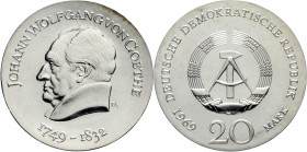 Gedenkmünzen der DDR
20 Mark 1969, Goethe. Randschrift läuft rechts herum. 
Stempelglanz