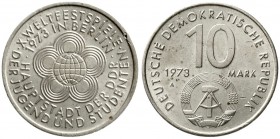 Gedenkmünzen der DDR
10 Mark Weltfestspiele 1973 A. Untergewichtig sowie kl. Schrötlingsfehler am Rand. 11,37 g. 
vorzüglich/Stempelglanz