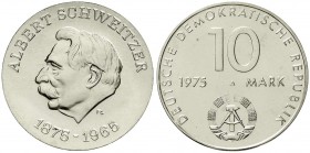 Gedenkmünzen der DDR
10 Mark 1975, Schweitzer-Materialprobe mit Rs. von Cu/Ni/Zn-Typ Warschauer Vertrag in Silber 0,500. 
Stempelglanz