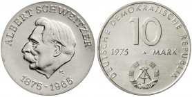 Gedenkmünzen der DDR
10 Mark 1975, Schweitzer-Materialprobe mit Rs. von Cu/Ni/Zn-Typ Warschauer Vertrag in Silber 0,500. 
Stempelglanz