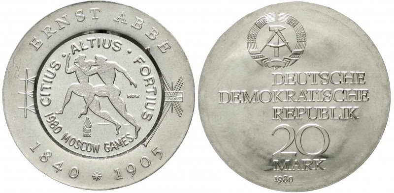 Gedenkmünzen der DDR
20 Mark Abbe mit Gegenstempel zur Olympiade Moskau 1980. V...