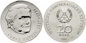 Gedenkmünzen der DDR
20 Mark Clara Zetkin Motivprobe 1982 mit eingeschlagener Nr. 80. Auflage nur 90 Ex. 
Stempelglanz, äußerst selten