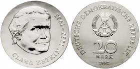 Gedenkmünzen der DDR
20 Mark Clara Zetkin Motivprobe 1982 ohne eingeschlagene Nr. Von dieser Var. sind nur wenige Ex. bekannt geworden. 
Stempelglan...