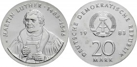 Gedenkmünzen der DDR
20 Mark 1983, Luther. Randschrift läuft rechts herum. 
prägefrisch