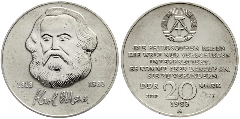 Gedenkmünzen der DDR
20 Mark 1983 Marx. Motivprobe in Neusilber mit dem Geburts...