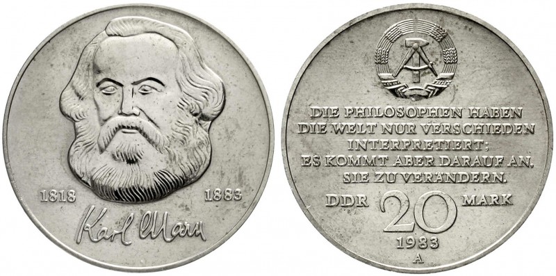 Gedenkmünzen der DDR
20 Mark 1983 Marx. Motivprobe in Neusilber mit dem Geburts...