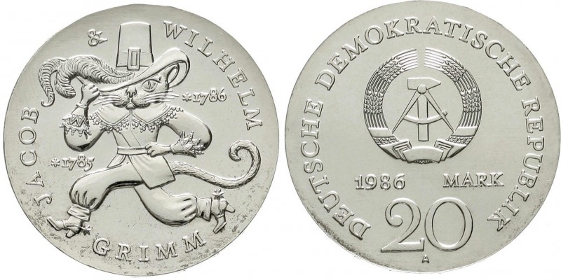 Gedenkmünzen der DDR
20 Mark 1986 A, Grimm. Randschrift läuft rechts herum. 
p...