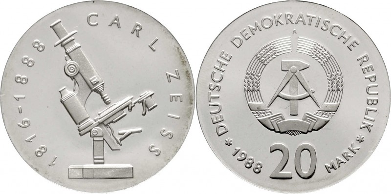 Gedenkmünzen der DDR
20 Mark 1988 A, Zeiss. 
Polierte Platte, offen in Kapsel