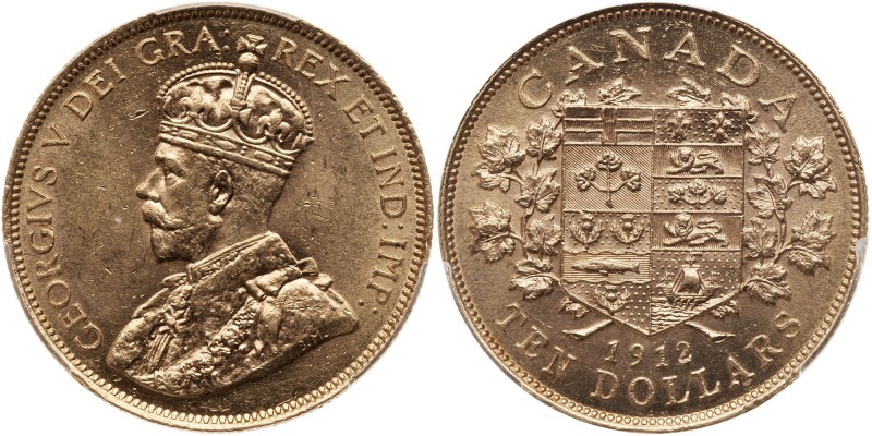 Canada. 10 Dollars, 1912. Fr-3; KM-27. Weight 0.4837 ounce. George V. Brilliant ...