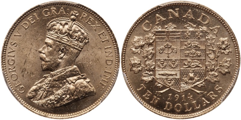 Canada. 10 Dollars, 1914. Fr-3; KM-27. Weight 0.4837 ounce. George V. Brilliant ...
