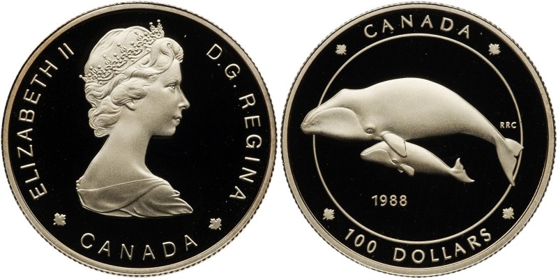 Canada. 100 Dollars, 1988. Fr-19; KM-162. Weight 0.2500 ounce. Bowhead whales. I...