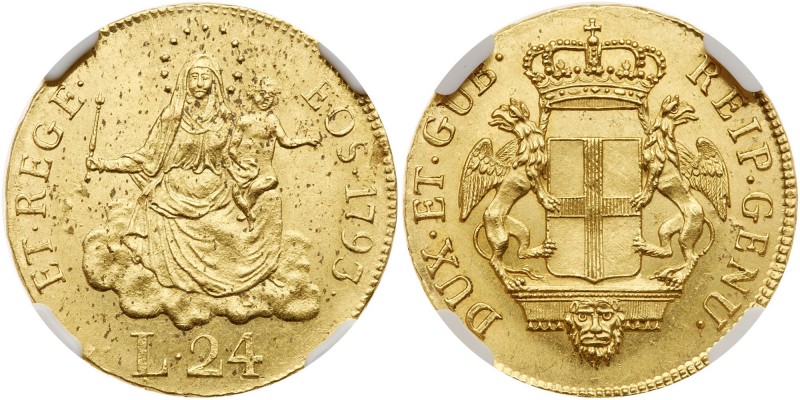 Italian States: Genoa. 24 Lire, 1793. Fr-446; KM-255. Crowned arms with supporte...