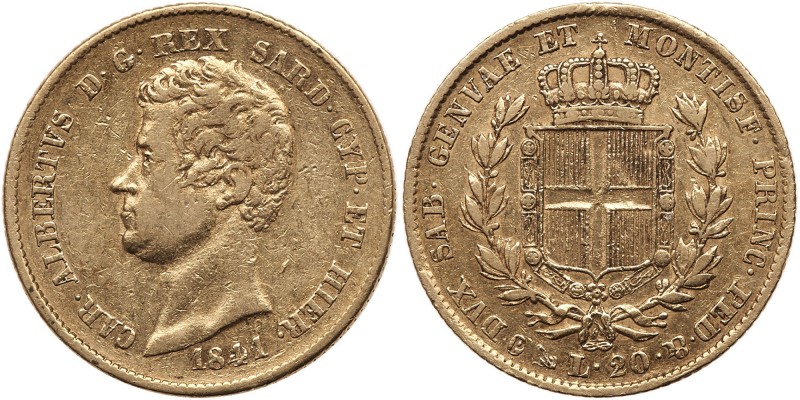 Italian States: Sardinia. 20 Lire, 1841-P (Genova). Fr-1143; KM-115.1; Pagani-19...
