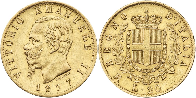 Italy. 20 Lire, 1877-R. Fr-12; KM-10.2. Weight 0.1867 ounce. Vittorio Emanuele I...