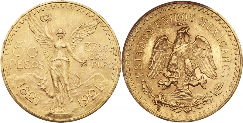 Mexico. 50 Pesos, 1921. Fr-172; KM-481. Weight 1.2056 ounces. Centennial of Inde...