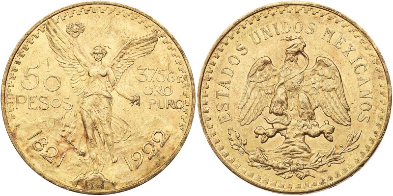 Mexico. 50 Pesos, 1922. Fr-172; KM-481. Weight 1.2056 ounces. Centennial of Inde...