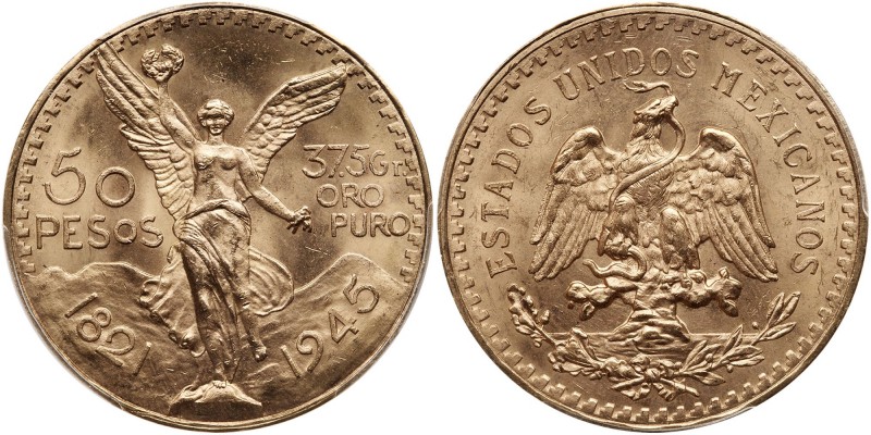 Mexico. 50 Pesos, 1945. Fr-172; KM-481. Weight 1.2056 ounce. Centennial of Indep...
