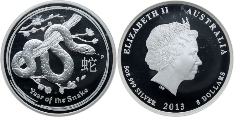 Australia. Silver 8 Dollars, 2013-P. Year of The Snake. Contains 5 ounce of 999 ...