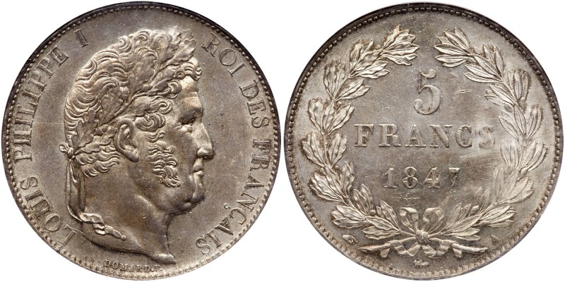 France. 5 Francs, 1847-A. Dav-91; KM-749.1. Louis Philippe I. Fully lustrous wit...