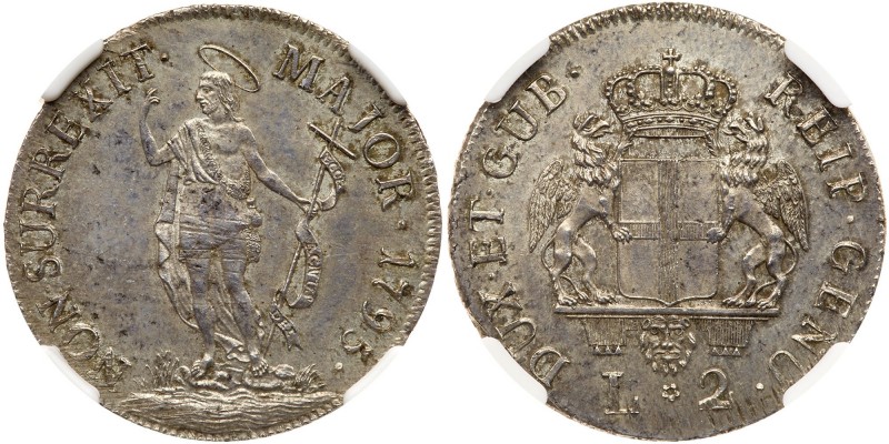 Italian States: Genoa. 2 Lira, 1795. KM-244. Crowned and supported arms. Reverse...