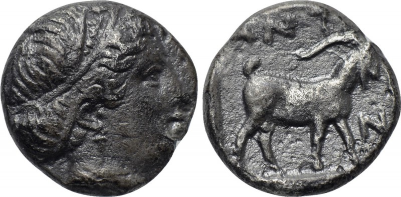 TROAS. Antandros. Diobol (5th century BC). 

Obv: Head of Artemis Astyrene rig...