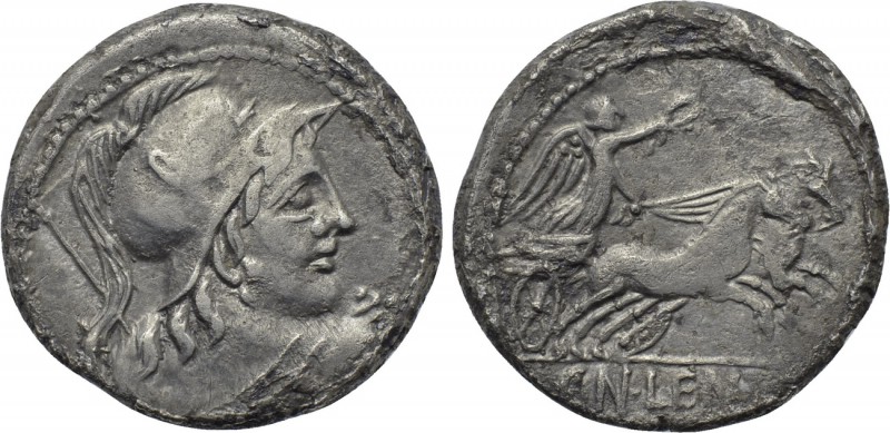 CN. LENTULUS CLODIANUS. Denarius (88 BC). Rome. 

Obv: Helmeted bust of Mars r...