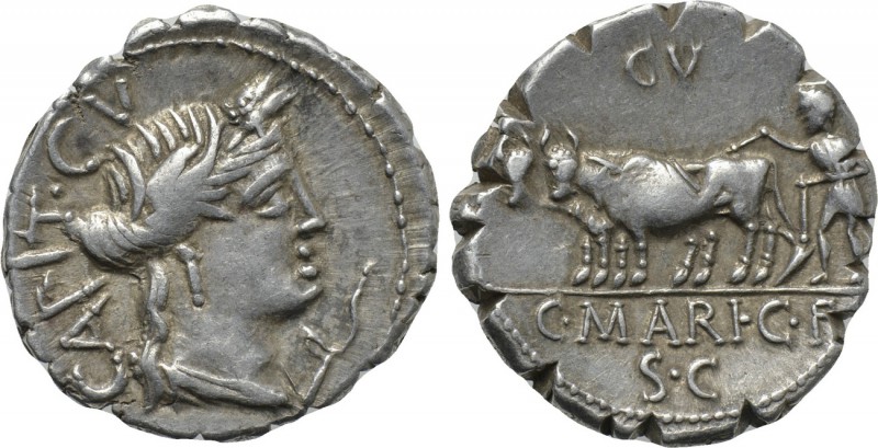 C. MARIUS C. F. CAPITO. Serrate Denarius (81 BC). Rome. 

Obv: CAPVT CV. 
Dra...